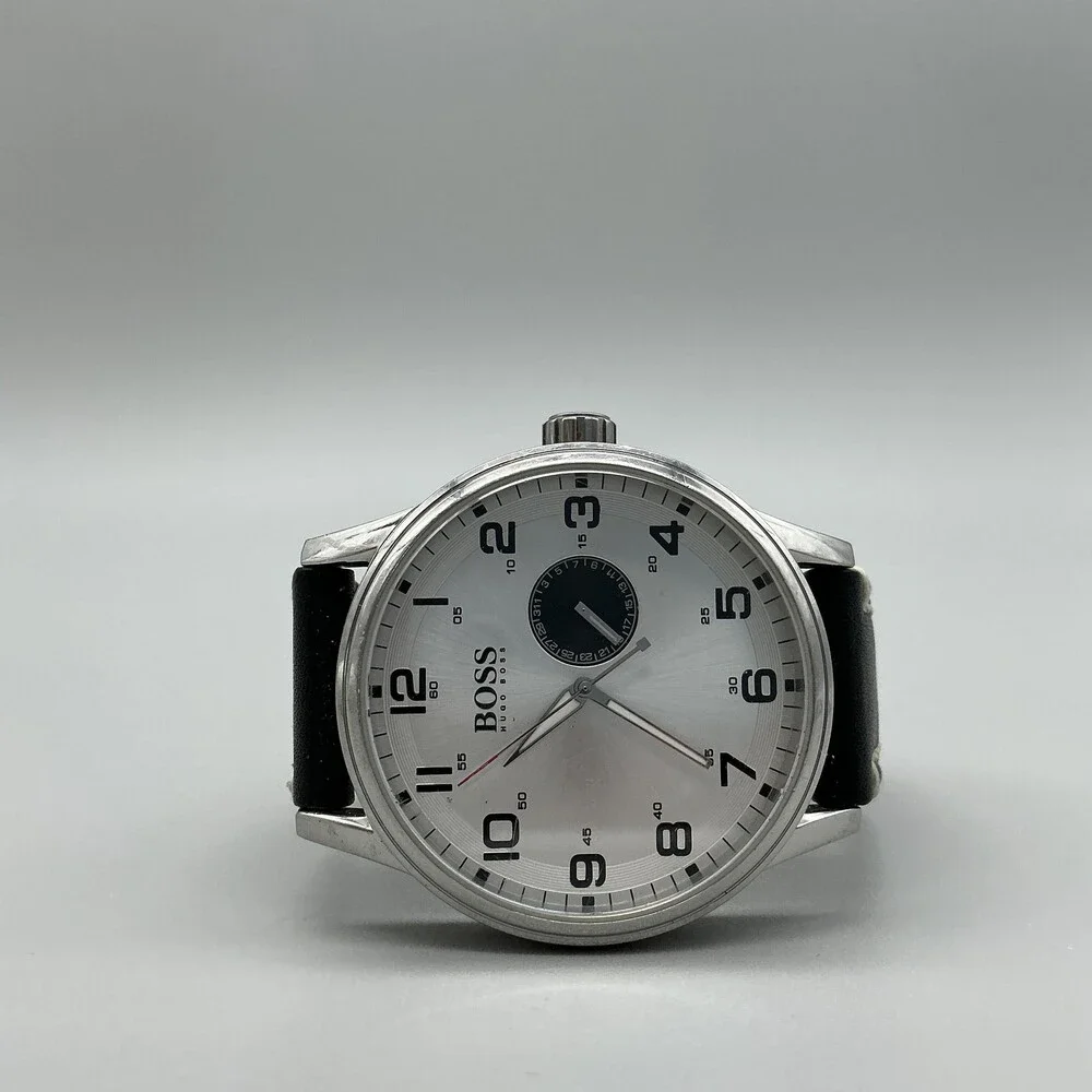 Hugo Boss Men Watch 44mm Silver Tone Black Leather Date HB.88.1.14.2430 New Batt